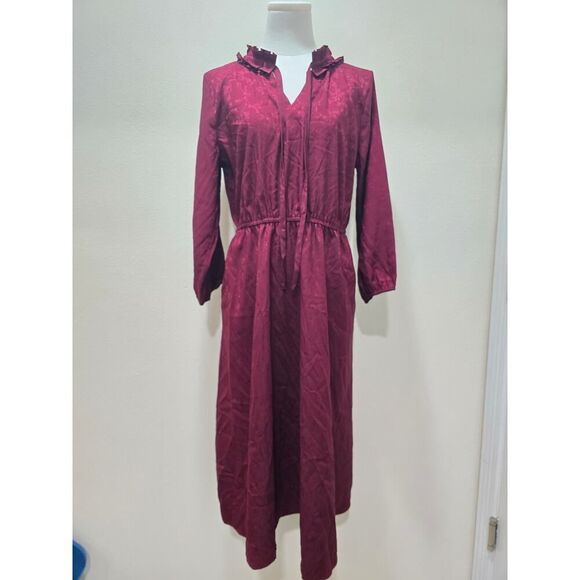 Croft & Barrow Ruffle-Neck Dress Victorian Midi Dark Red Floral Women's Size S - Picture 2 of 9